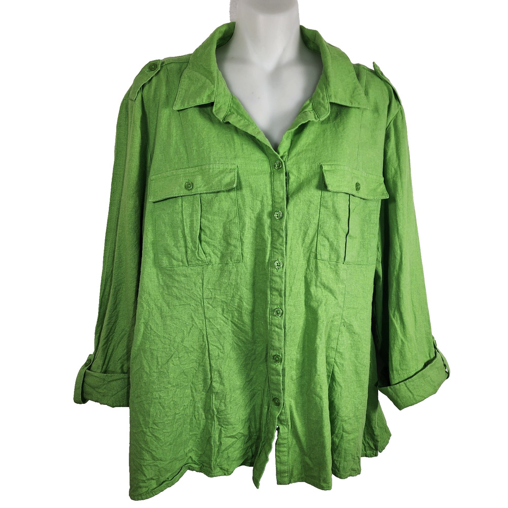 Brandon Thomas Womens Top XL Linen Blend Button Front Pockets 3/4 Roll Sleeve